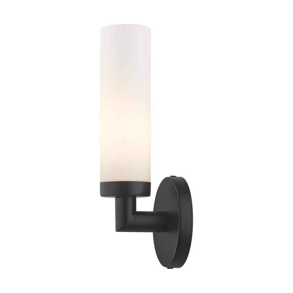Black Steel Wall Sconce with Satin Opal Glass Shade