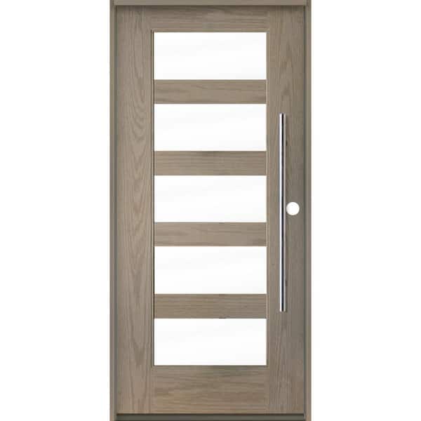 Krosswood Doors Modern Faux Pivot 36 in. x 80 in. 5 Lite Left-Hand/Inswing Clear Glass Oiled Leather Stain Fiberglass Prehung Front Door