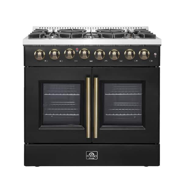 Galiano 36 in. French Door Dual Fuel Range, Black and Antique Brass, 5.36 cu. ft. True Convection Oven