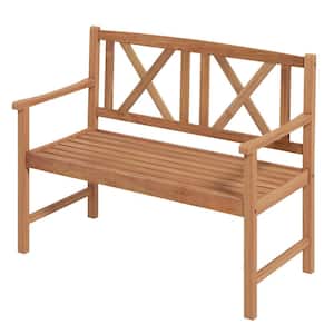 2-Person Acacia Wood Outdoor Bench Slats Loveseat Chair with Armrest Backrest Sturdy Frame 800lbs Load Capacity
