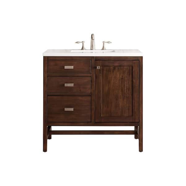 James Martin Vanities Addison 36.0 in. W x 23.5 in. D x 35.5 in. H Bathroom Vanity in Mid Century Acacia with White Zeus Quartz Top