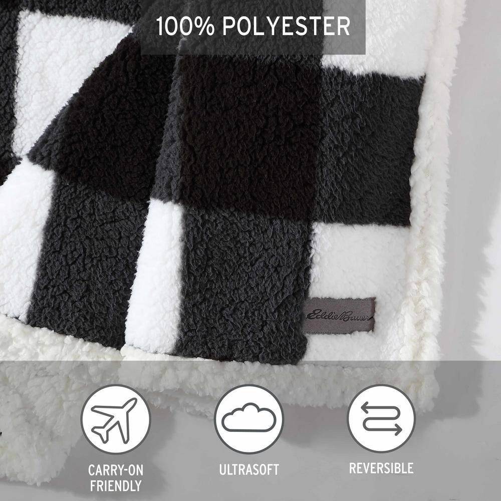 Black and White Plaid Reversible Sherpa Fleece Throw Blanket