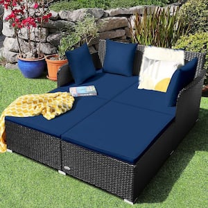 Wicker Outdoor Rattan Patio Day Bed Loveseat Sofa Yard with Navy Cushions Pillows