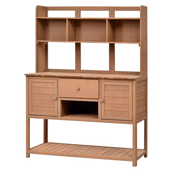 Cesicia Retro 50 in. x 19 in. x 66 in. Outdoor Brown Fir Wood Garden Raised Beds Potting Bench Table with Adjustable Shelves