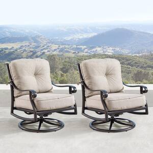 Ornate Antique Copper Swivel Aluminum Outdoor Rocking Lounge Chair with Beige Polyester Cushions (2-Pack)