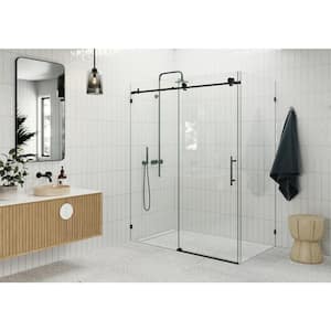 56 in. W x 78 in. H Rectangular Sliding Frameless Corner Shower Enclosure in Matte Black with Clear Glass