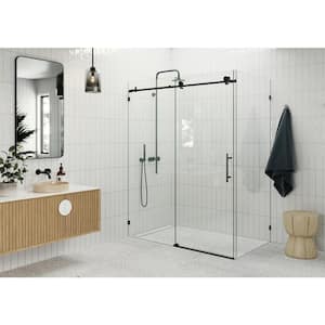 Nova 56 in. W x 78 in. H Rectangular Sliding Frameless Corner Shower Enclosure in Matte Black with Clear Glass