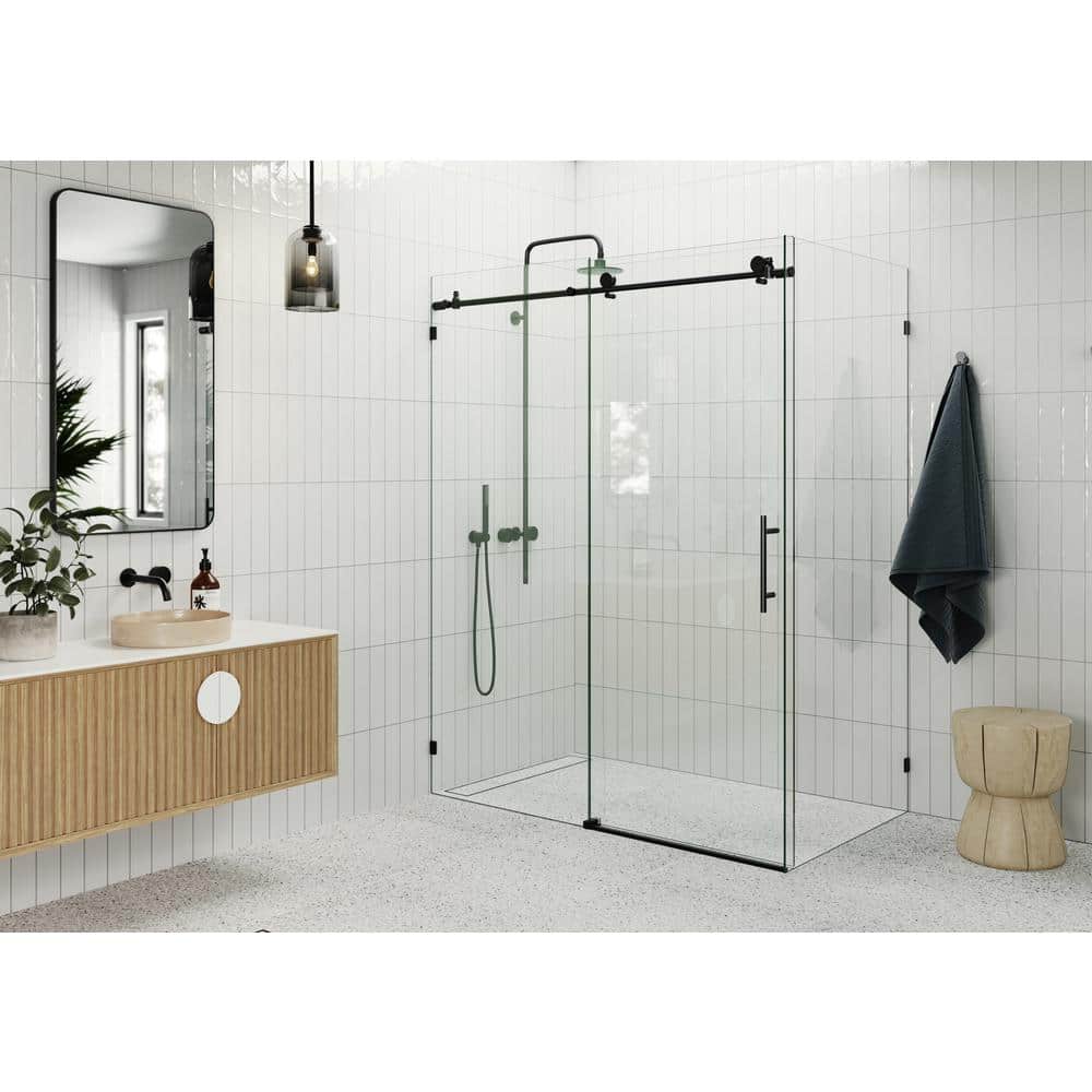 Matte Black Frameless Sliding Glass Shower Enclosure, 64 x 78 inches