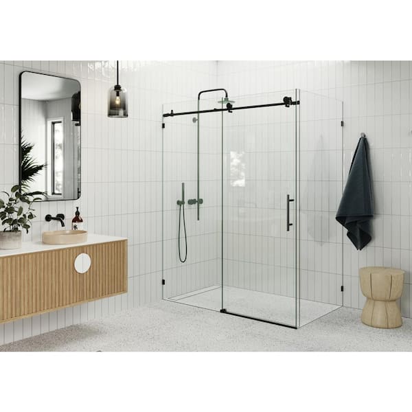 Glass Warehouse 64 in. W x 78 in. H Rectangular Sliding Frameless Corner Shower Enclosure in Matte Black with Clear Glass