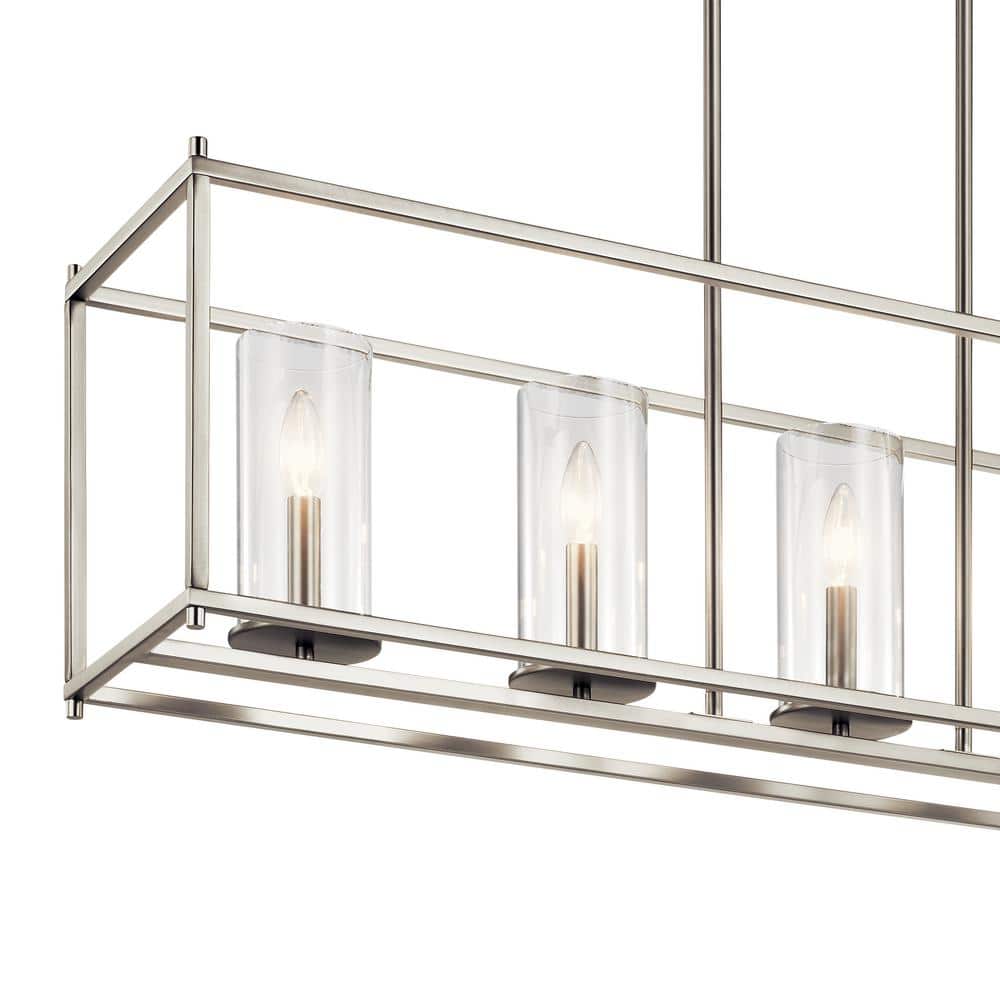 Sleek 5-Candle Linear Chandelier in Brushed Nickel with Clear Glass