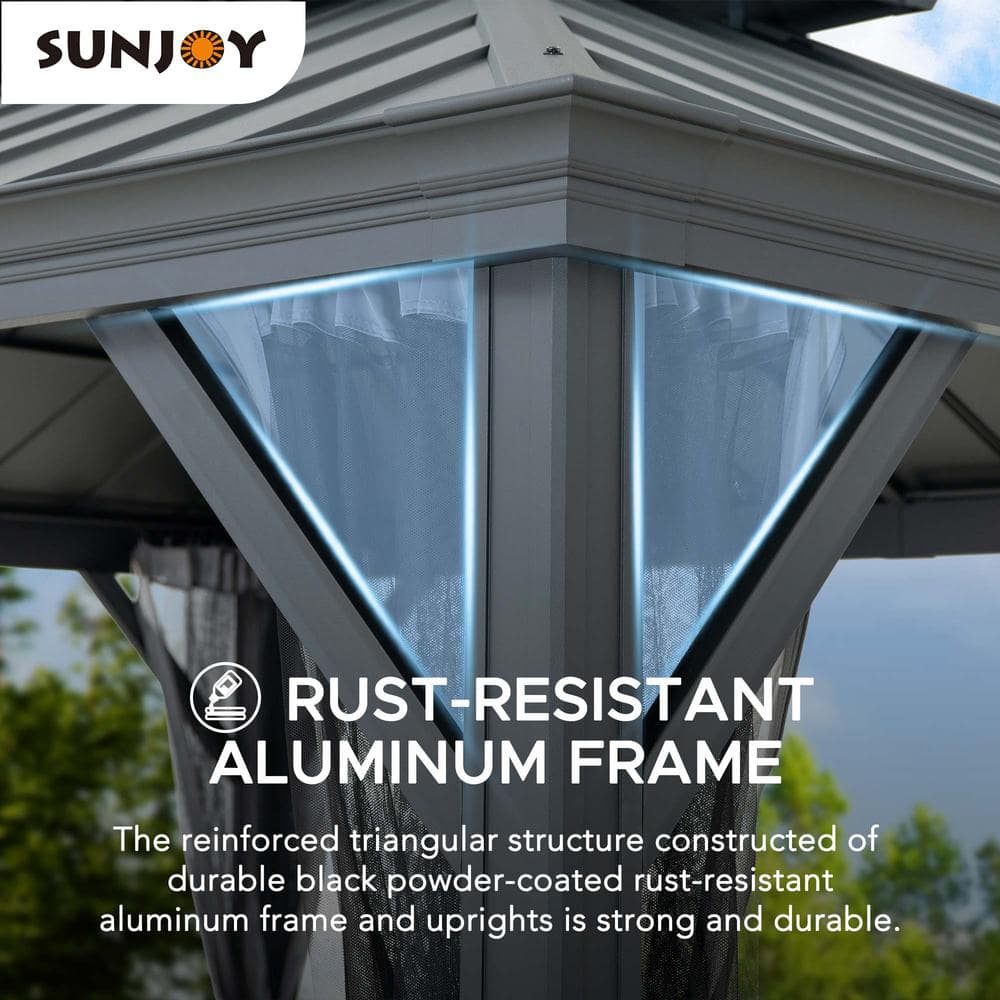 Black Aluminum and Steel 10x12 ft. Hardtop Gazebo with Solar Panel