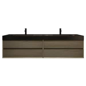 MIA 84 in. W x 20 in. D x 24 in. H Double Sink Floating Bath Vanity in Coffee Wood with Black Stainless Steel Top