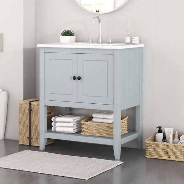 30 in. Single Sink Morandi Gray Bath Vanity with White Ceramic Top