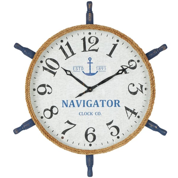 Litton Lane White Wood Ship Wheel Wall Clock with Brown Rope Frame and Blue Spokes