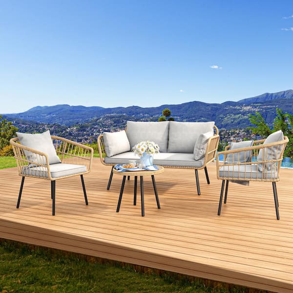 DEXTRUS 4-Piece Wicker Patio Conversation Chat Set with Beige Cushions