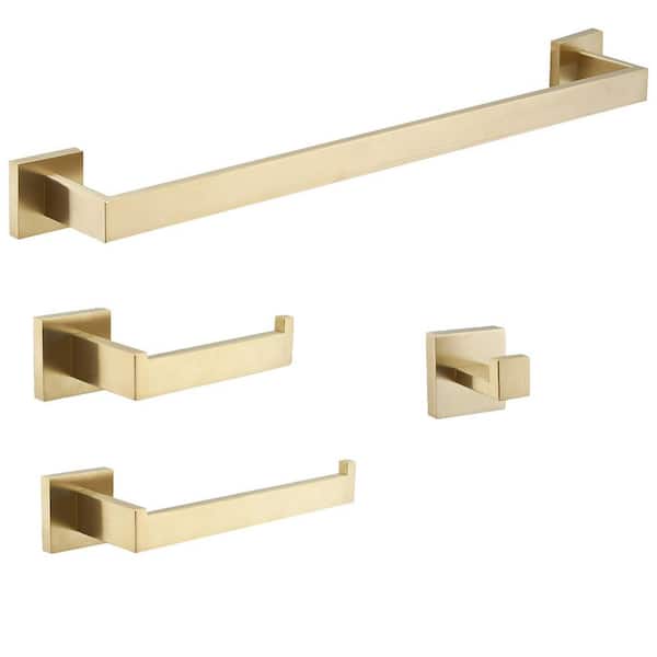 BYH build your home 4-Piece Bath Hardware Set with Towel Bar Hand Towel Holder Toilet Paper Holder Towel Hook Modern Square in Brushed Gold