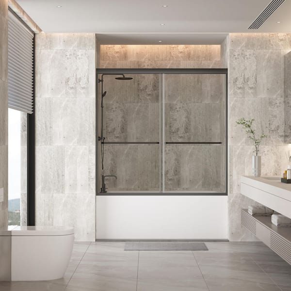 Vitrina 60 in. W x 58 in. H Double Sliding Tub Door in Matted Black with Clear Tempered Glass