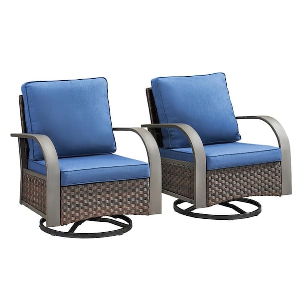 Iron Bend Series 2-Pack Brown Wicker Outdoor Glider Rocking Chair with CushionGuard Blue Cushions