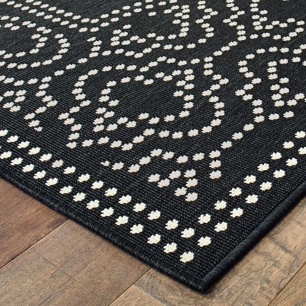 Black, Ivory 2 ft. x 8 ft. Loomed Border Polypropylene Rectangle Indoor/Outdoor Area Rug