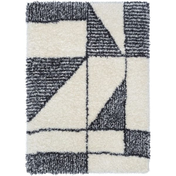 Well Woven Rue Zuni Moroccan Ethnic Shag Ivory Grey 3 ft. 11 in. x 5 ft. 3 in. Area Rug