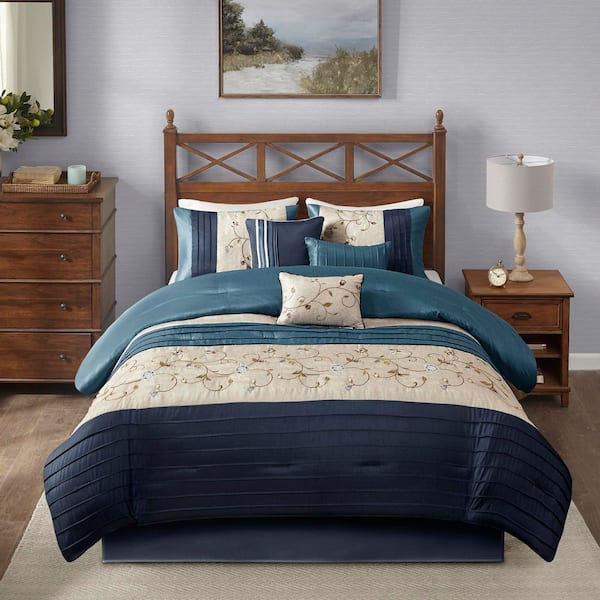 Belle 7-Piece Navy Polyester Queen Comforter Set