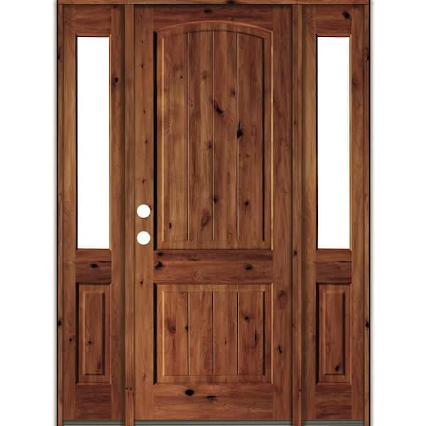 Krosswood Doors 70 in. x 96 in. Rustic Alder Arch Red Chestnut Stained Wood with V-Groove Right Hand Single Prehung Front Door