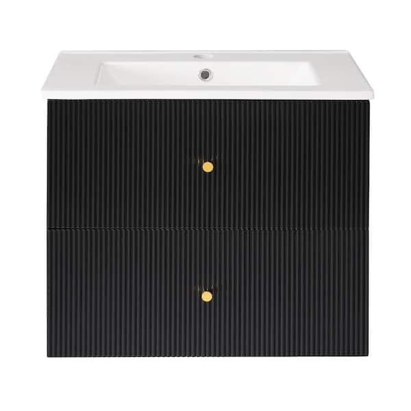 Virubi 24 in. Single Sink Wall Mounted Black Bath Vanity with White Ceramic Top and 2-Drawers