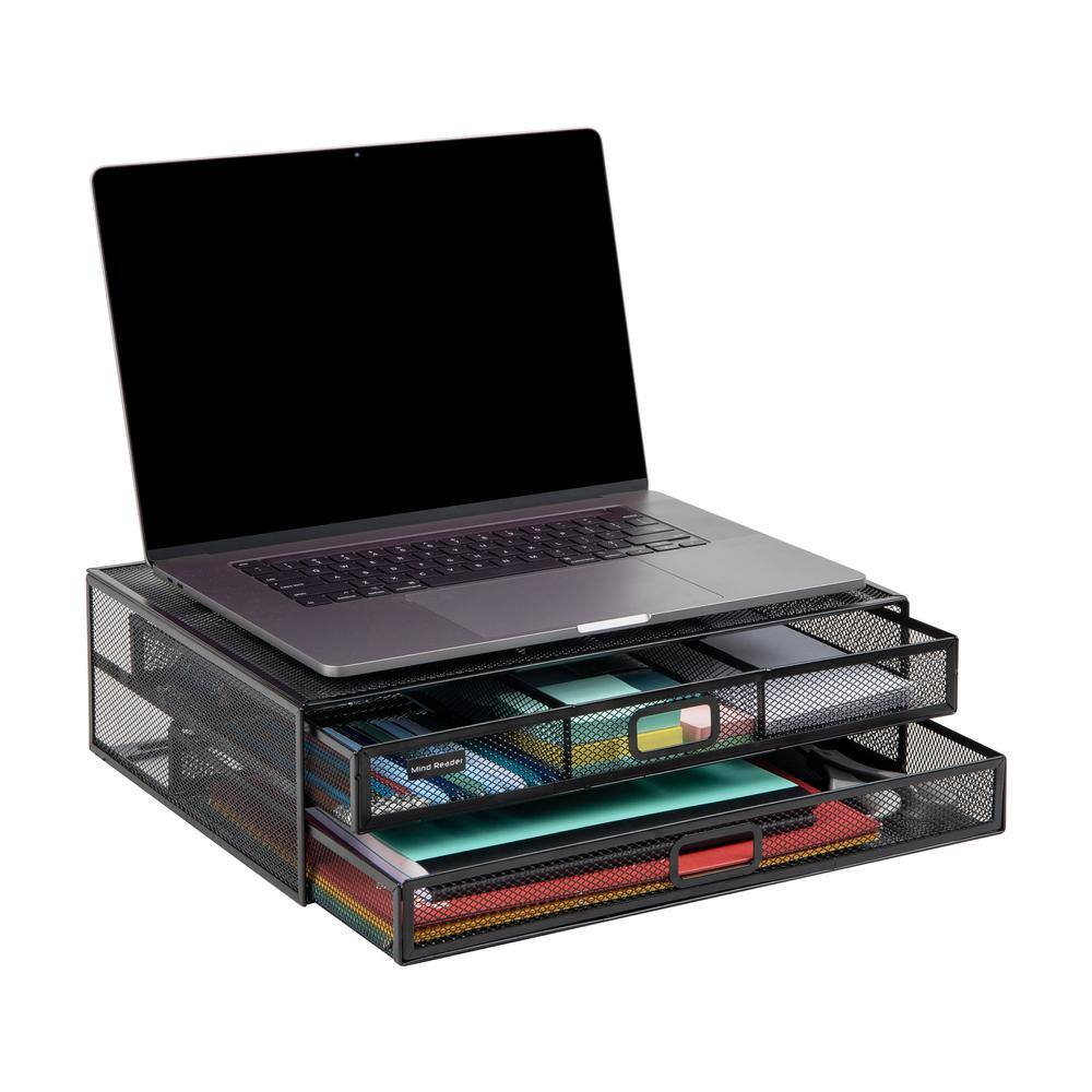 Black Metal Mesh Monitor Stand with Storage Drawers