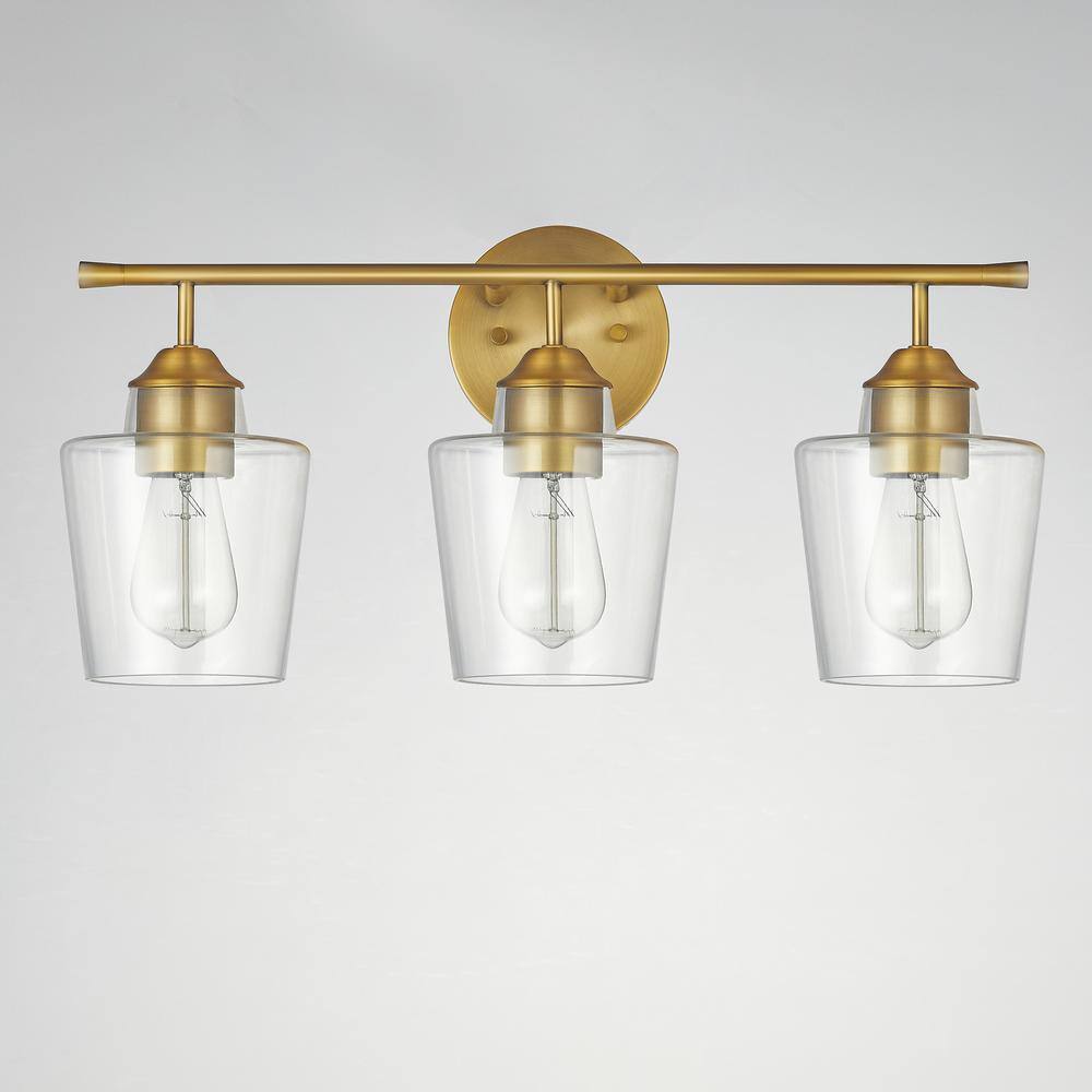 Antique Brass 3-Light Dimmable Bathroom Vanity Light with Clear Glass Shades