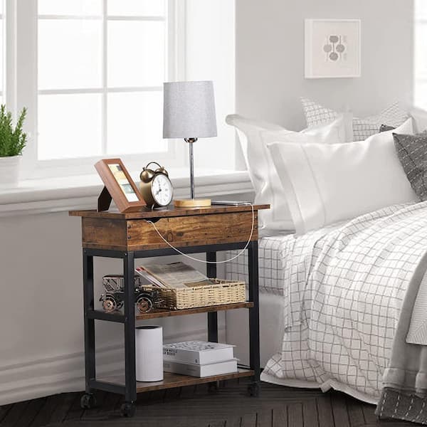 Oumilen 23.62 in. Gray Nightstand Narrow End Side Table with Storage Farmhouse Wood End Table with USB Ports and Power Outlets