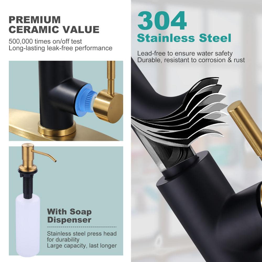 Black and Gold Stainless Steel Pull Down Kitchen Faucet with Ceramic Valve