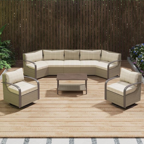 6-Piece Rattan Wicker Outdoor Sectional Set Curved Conversation Set with Biege Cushions and Rocking Chair