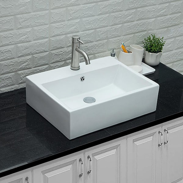 Lordear 20 in. x 16 in. Modern Porcelain Ceramic Rectangle Above Vanity Sink Art Basin Bathroom Vessel Sink in White, Gloss White