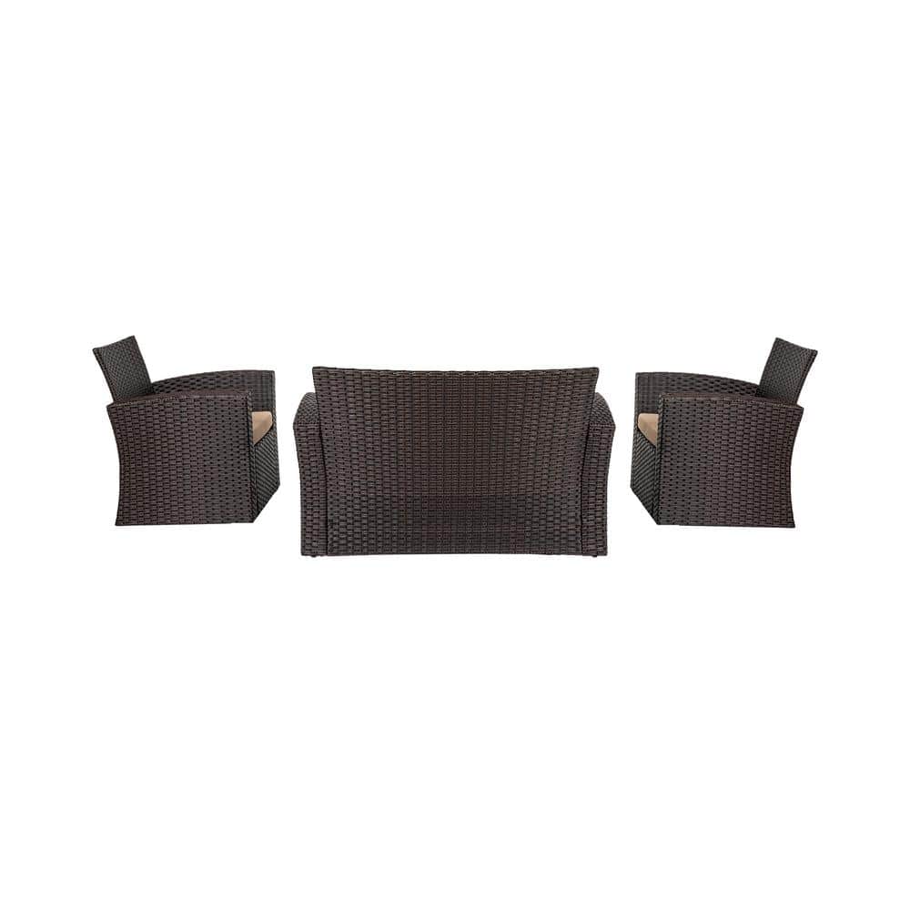 Hudson 4-Piece Dark Brown Wicker Outdoor Patio Set with Beige Cushions