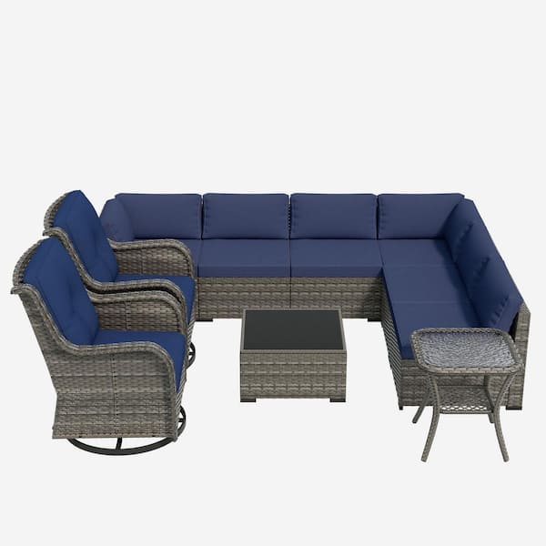 10-Piece Wicker Patio Conversation Set Sectional Seating with Blue Cushions and Swivel Chairs