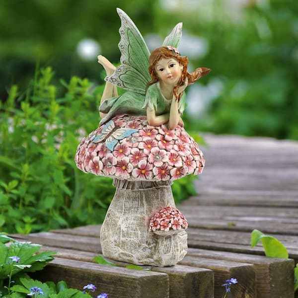 Flower Fairy Outdoor Statue, Solar Powered Resin Ornaments, Patio