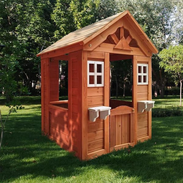 42" L x 46" W x 55 in. H Wooden Kids Playhouse Children Game House 2 Windows And Flowerpot Holder Outdoor in Golden Red