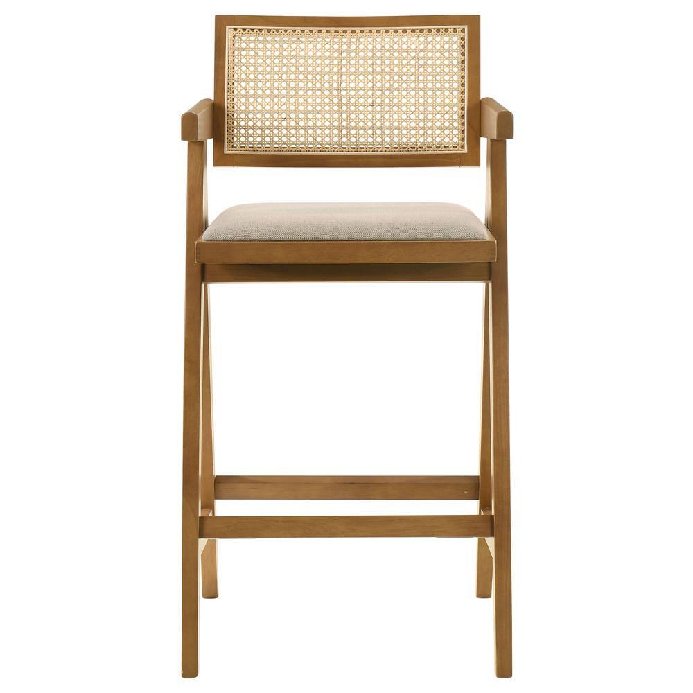 Light Walnut Mid-Century Modern Rattan Bar Stool with Upholstered Seat