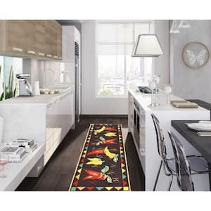 Siesta Kitchen Collection Non-Slip Rubberback Hot Peppers 2x5 Kitchen Rug, 1 ft. 8 in. x 4 ft. 11 in., Black Peppers