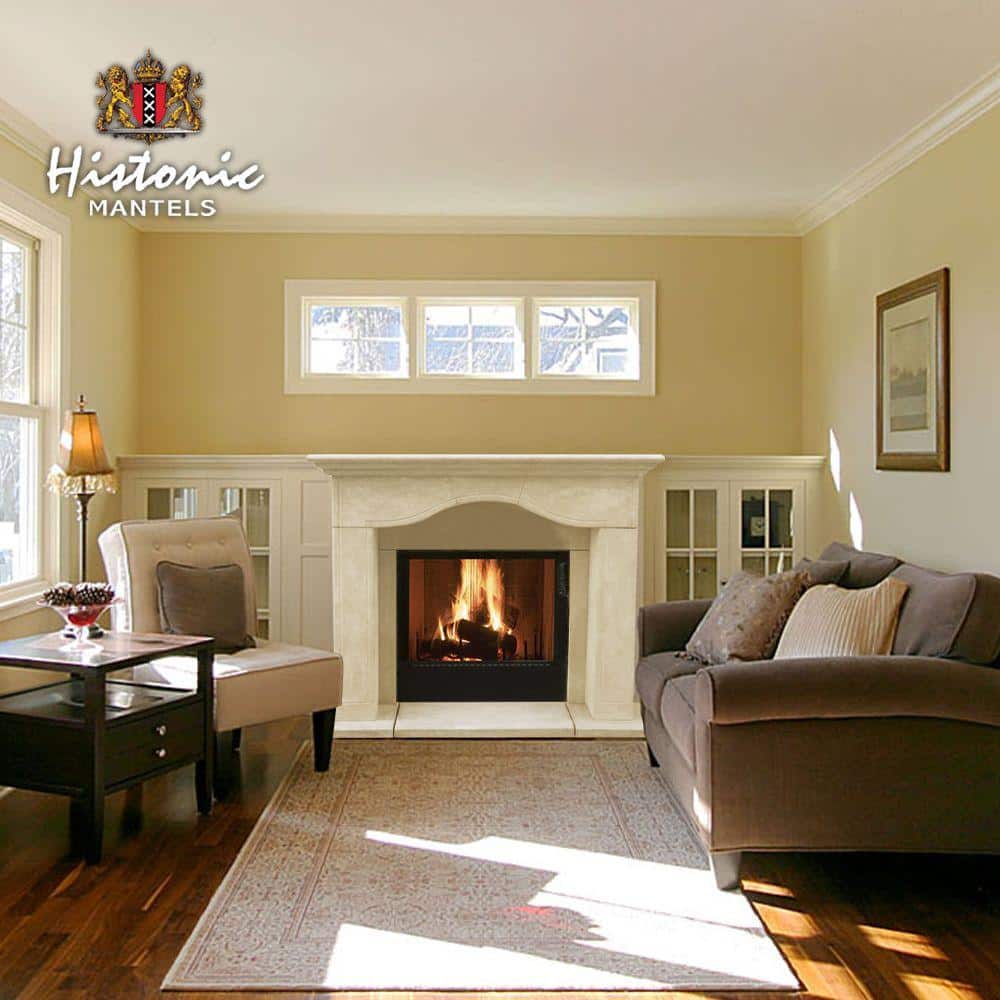 Distressed Ivory Sand Cast Stone Fireplace Surround with Hearth
