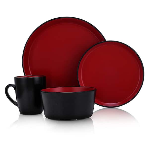 STONE LAIN 32-Piece Casual Red and Black Stoneware Dinnerware Set 