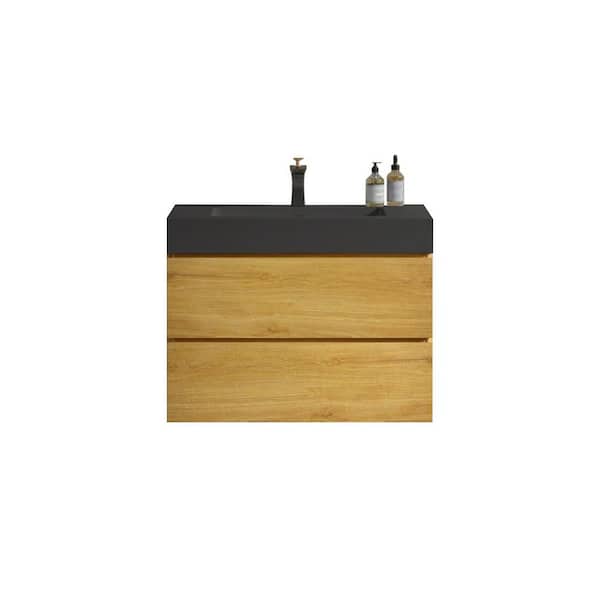 Dimakai 30 in. Single Sink Wall Mounted Natural Oak Bath Vanity with Black Solid Surface Top Unassembled