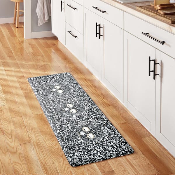 20 in. x 55 in. Black and White Skull & Vine Floral Sugar Skull Anti Fatigue Indoor Kitchen Mat