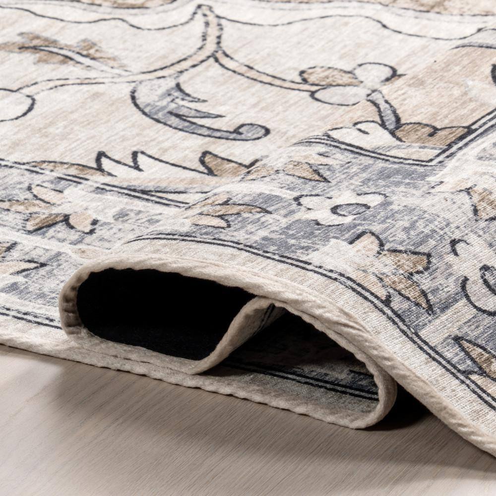 Gray Floral Cotton Synthetic Washable Round Area Rug