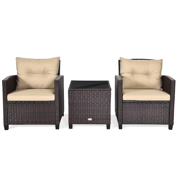 Brown 3-Pieces Wicker Patio Conversation Set Outdoor Rattan Furniture with Beige Cushions