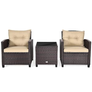 Brown 3-Pieces Wicker Patio Conversation Set Outdoor Rattan Furniture with Beige Cushions