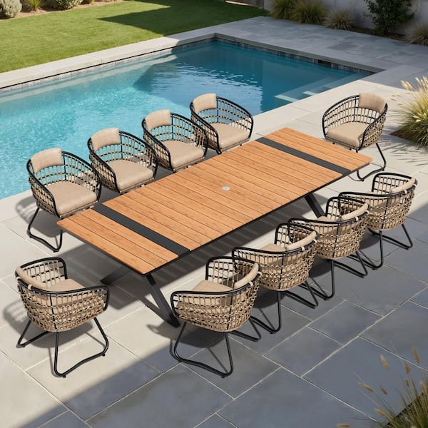 Brown 11-Piece 118 in. Wood-Like Aluminum Patio Outdoor Dining Set with Faux Rattan Wicker Beige Cushion Chairs