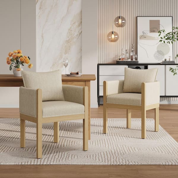 Cambridge Modern Linen Upholstered Dining Arm Chairs with Pillow Back, Solid Wood Legs, Beige + Natural, (Set of 2)