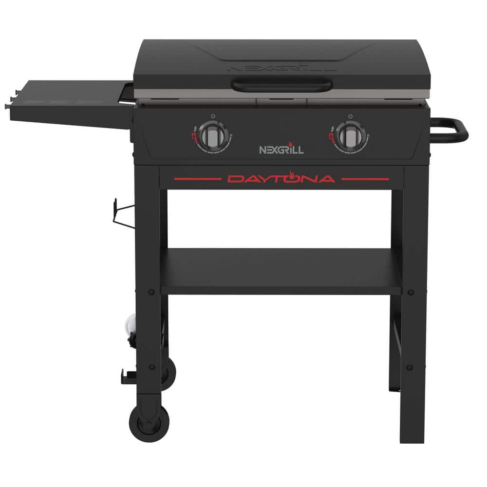 Daytona 2-Burner Propane Gas Grill 28 in. Flat Top Griddle in Black with Lid and PVC Cover Bundle