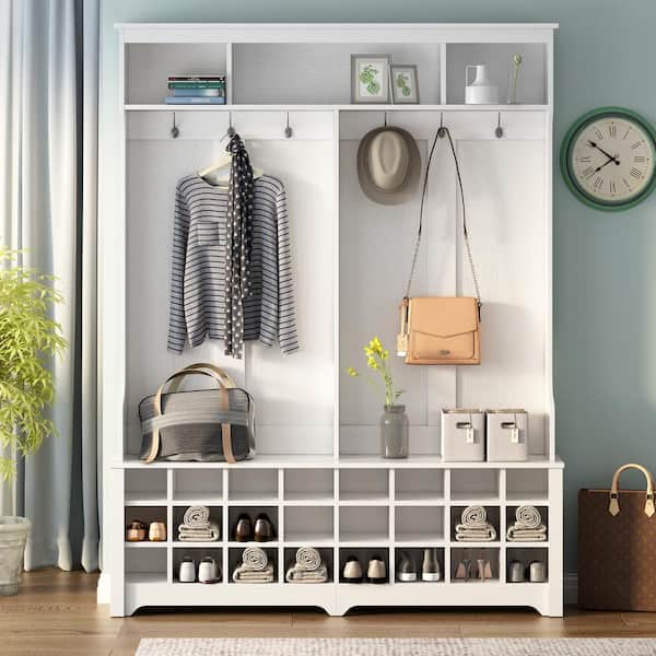 Unbranded 60 in. W x 15.7 in. D x 77.1 in. H White Linen Cabinet with Metal Black Hooks, Bench and Shelves